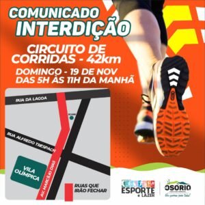 3ª edição do Circuito de Corridas do Litoral Norte. Algumas vias em Osório ficarão fechadas das 5h às 11h.