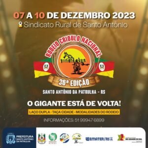 O 36º Rodeio Crioulo Nacional de Santo Antônio da Patrulha acontece de 7 a 10 de dezembro, no Parque de Rodeios do Sindicato Rural, na localidade de Barro Vermelho.
