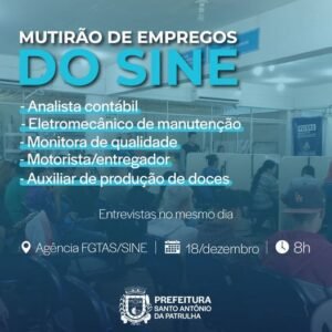 Na próxima segunda (18), acontece o mutirão de empregos do SINE, a partir das 8h, na Agência FGTAS/SINE em SAP