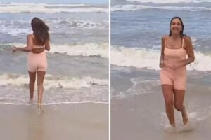 Cristina Ranzolin aceita desafio de Marco Matos e mergulha no mar de Capão da Canoa