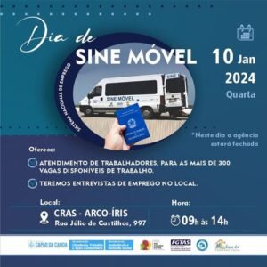 Na próxima quarta-feira (10), será realizado o Dia de Sine Móvel, das 9h às 14h, no CRAS Arco-íris, em Capão da Canoa