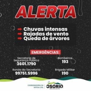 A Defesa Civil do Estado do Rio Grande do Sul emitiu alerta para o Litoral Norte