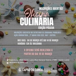 Oficina “Culinária” de Páscoa: inscrições podem ser realizadas a partir de Segunda