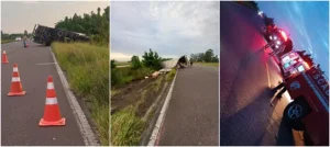 Caminhão sai da pista e capota na Estrada do Mar, em Arroio do Sal