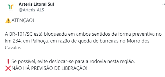 Screenshot_6-1 Deslizamento causa bloqueio total na BR-101, em Santa Catarina