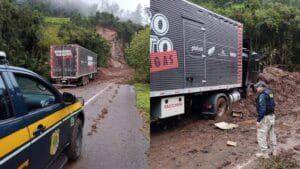 Carreta com doações do Grupo Sorriso Maroto fica presa em queda barreira na BR-116 em Caxias do Sul