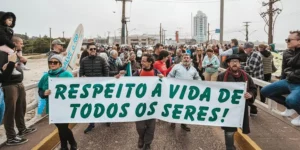 Protesto reivindica paralisação de obra que vai levar esgoto ao Rio Tramandaí