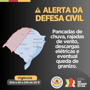 Defesa Civil alerta para pancadas de chuva com descargas elétricas, rajadas de vento e eventual queda de granizo
