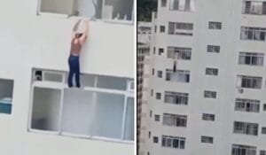VÍDEO: Mulher fica pendurada na janela do 15° andar de prédio e imagem assusta