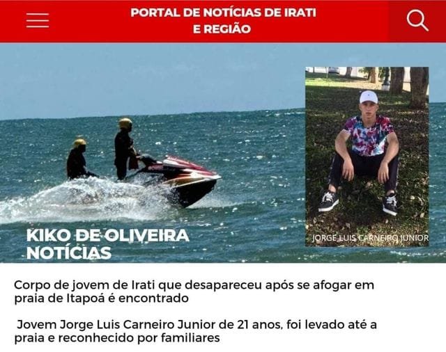 Corpo de jovem de Irati no Paraná que desapareceu após se afogar em praia de Itapoá é encontrado 1 Corpo de jovem de Irati no Paraná que desapareceu após se afogar em praia de Itapoá é encontrado