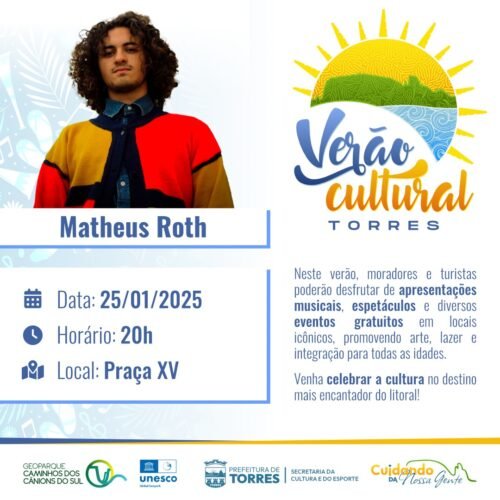 Verão Cultural em Torres: Show de Kadosh, Matheus Roth e Gardelito animam a Praça XV neste final de semana