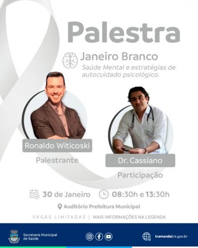A Prefeitura de Tramandaí  convida os profissionais da Rede de Atenção Básica do município para participar de uma palestra especial em alusão ao Janeiro Branco