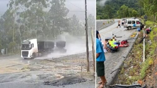 Carreta perde o controle em curva, faz um “L” e colide com veículo em SC