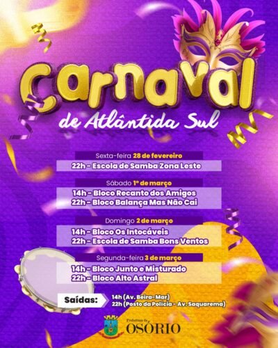 CARNAVAL DE ATLÂNTIDA SUL INICIA NA SEXTA-FEIRA COM TRIO ELÉTRICO NA AV SAQUAREMA