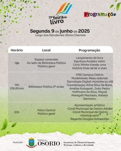 39ª FEIRA DO LIVRO DE OSÓRIO INICIA NO PRÓXIMO SÁBADO COM ATRAÇÕES MUSICAIS, PALESTRAS E SESSÕES DE AUTÓGRAFOS 5 500609486 1131042699064296 7912824511572891220 n