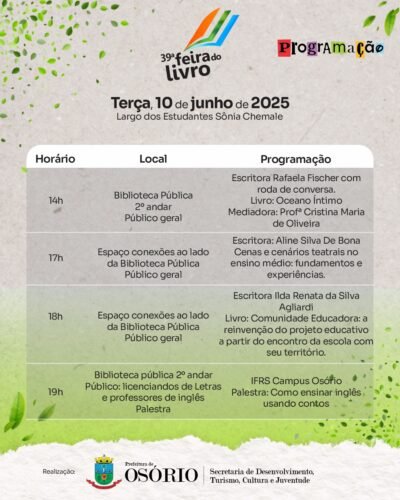 39ª FEIRA DO LIVRO DE OSÓRIO INICIA NO PRÓXIMO SÁBADO COM ATRAÇÕES MUSICAIS, PALESTRAS E SESSÕES DE AUTÓGRAFOS 7 500764043 1131042745730958 71278488326881511 n