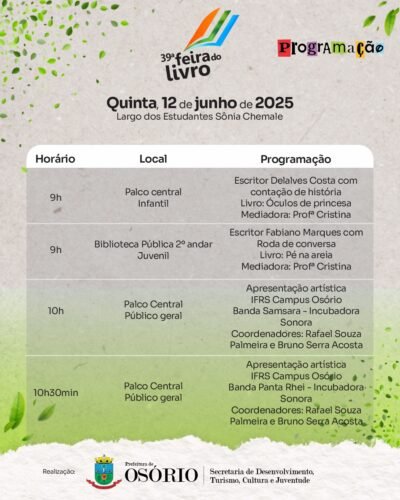 39ª FEIRA DO LIVRO DE OSÓRIO INICIA NO PRÓXIMO SÁBADO COM ATRAÇÕES MUSICAIS, PALESTRAS E SESSÕES DE AUTÓGRAFOS 12 501044672 1131042862397613 5176456284792921436 n