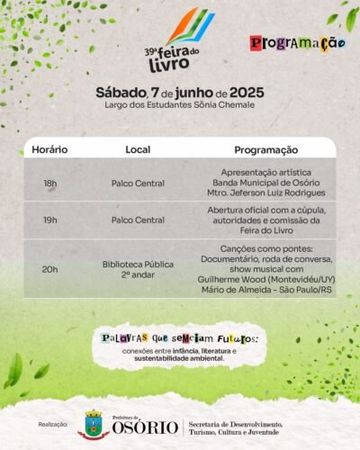 39ª FEIRA DO LIVRO DE OSÓRIO INICIA NO PRÓXIMO SÁBADO COM ATRAÇÕES MUSICAIS, PALESTRAS E SESSÕES DE AUTÓGRAFOS 1 501058302 1131042585730974 1274743638842317049 n