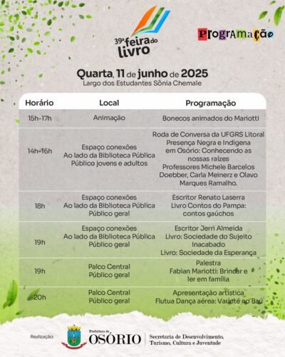 39ª FEIRA DO LIVRO DE OSÓRIO INICIA NO PRÓXIMO SÁBADO COM ATRAÇÕES MUSICAIS, PALESTRAS E SESSÕES DE AUTÓGRAFOS 10 501063960 1131042859064280 4429770936255131470 n