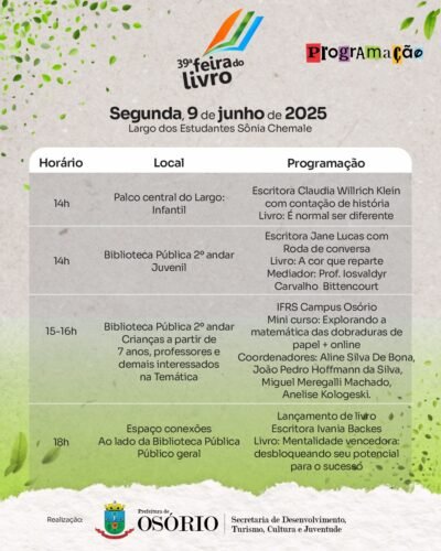 39ª FEIRA DO LIVRO DE OSÓRIO INICIA NO PRÓXIMO SÁBADO COM ATRAÇÕES MUSICAIS, PALESTRAS E SESSÕES DE AUTÓGRAFOS 4 503487954 1131042685730964 6615582437270356400 n