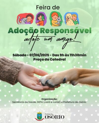 FEIRA DE ADOÇÃO DE ANIMAIS OCORRERÁ NESTE SÁBADO EM OSÓRIO