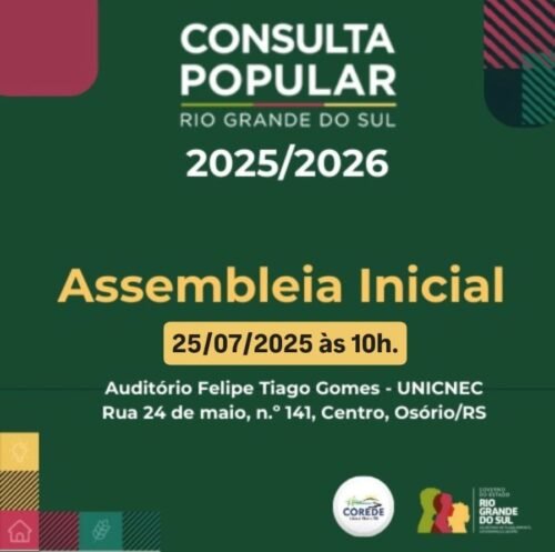 ASSEMBLEIA INICIAL DA CONSULTA POPULAR SERÁ REALIZADA NESTA SEXTA-FEIRA EM OSÓRIO