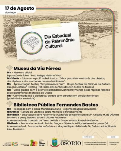 DIA DO PATRIMÔNIO HISTÓRICO TERÁ PROGRAMAÇÃO ESPECIAL EM OSÓRIO NO PRÓXIMO DOMINGO