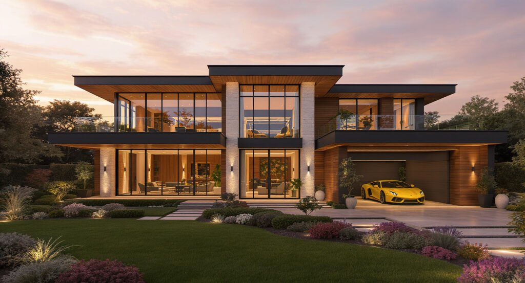 Uma casa de luxo grande, moderna e elegante, com fachada de vidro e detalhes em madeira e pedra, jardim bem cuidado e iluminação externa sofisticada.