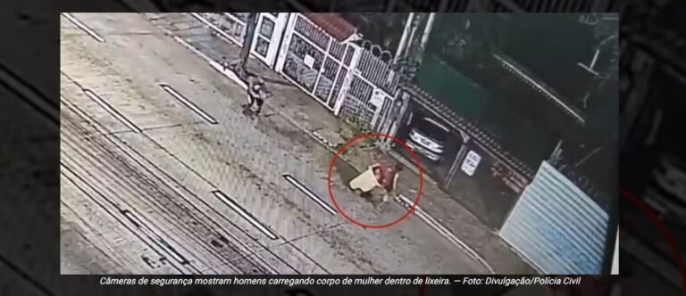 Câmeras de segurança mostram homens carregando corpo de mulher dentro de lixeira. — Foto: Divulgação/Polícia Civil