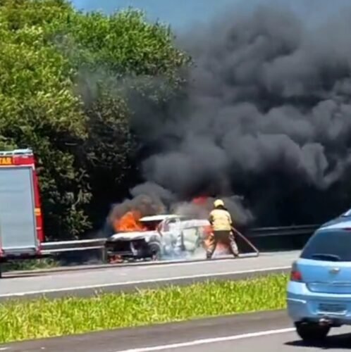 Veículo é destruído por incêndio na BR-290, em Osório