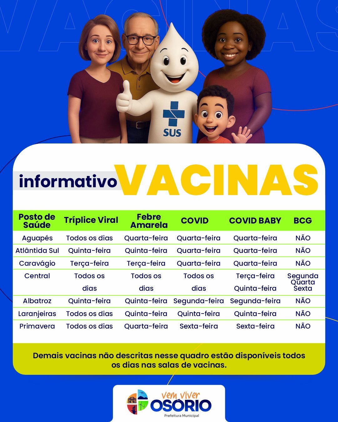 SECRETARIA MUNICIPAL DE SA&Uacute;DE DIVULGA CRONOGRAMA DE APLICA&Ccedil;&Atilde;O DAS VACINAS CONTRA COVID-19, FEBRE AMARELA E TR&Iacute;PLICE VIRAL EM OS&Oacute;RIO