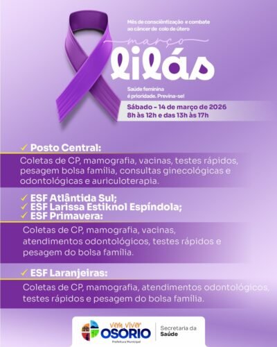 MARÇO LILÁS: POSTOS DE SAÚDE DE OSÓRIO VÃO ESTAR ABERTOS NO PRÓXIMO SÁBADO PARA ATENDIMENTO ESPECIAL ÀS MULHERES