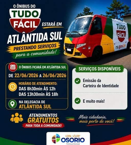A população do município de Osório, em Atlântida Sul, a partir da próxima segunda-feira (22/06), vai contar com os atendimentos do Ônibus Tudo Fácil.