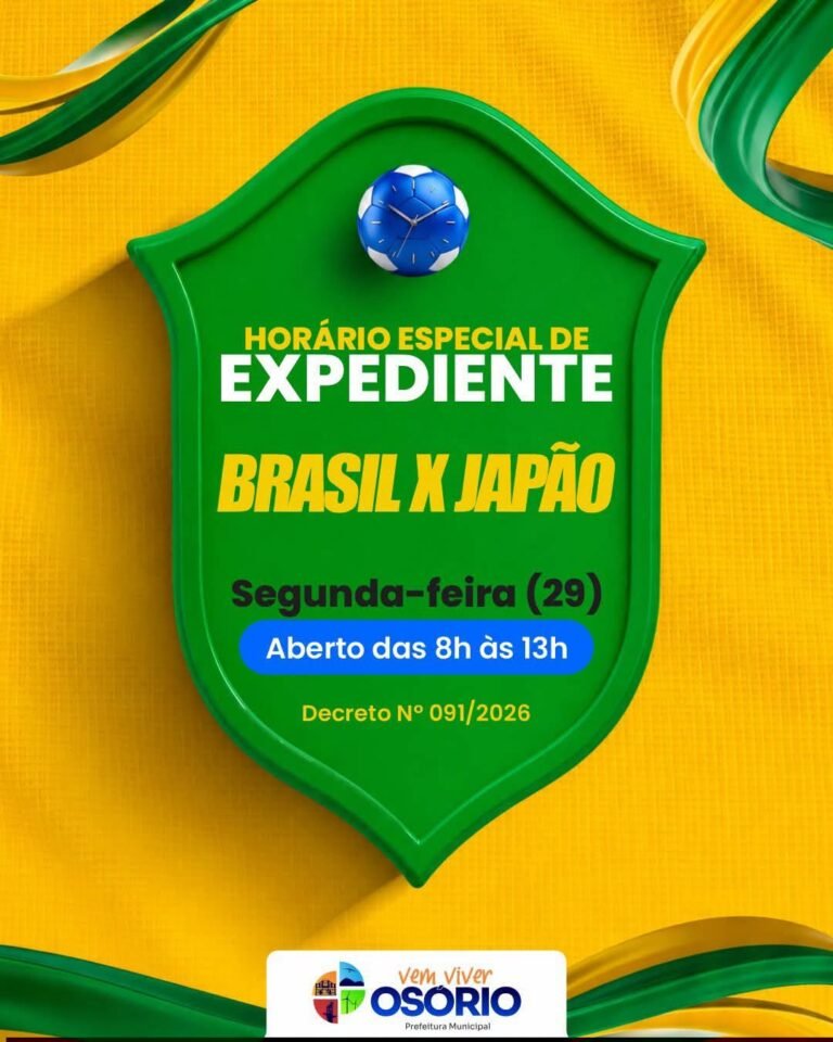 A Prefeitura de Osório decretou horário especial de funcionamento nas repartições públicas municipais na próxima segunda-feira, 29 de junho, em razão da partida da Seleção Brasileira pela Copa do Mundo FIFA 2026.