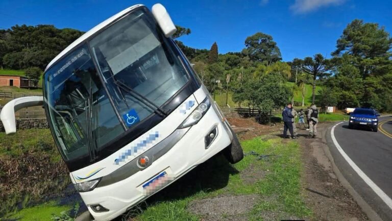 Na tarde desta sexta-feira (3), um ônibus intermunicipal saiu da pista na ERS-324, no trecho entre Passo Fundo e Marau, na Curva do Burro Preto.