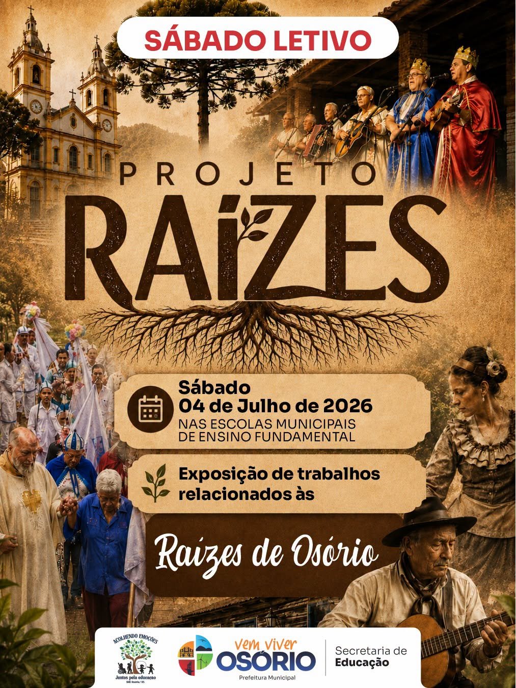 SÁBADO LETIVO VALORIZA AS RAÍZES CULTURAIS DE OSÓRIO NAS ESCOLAS MUNICIPAIS 1 Escolas Municipais de Ensino Fundamental de Osório realizam mais um Sábado Letivo, com uma programação dedicada ao projeto Raízes de Osório.