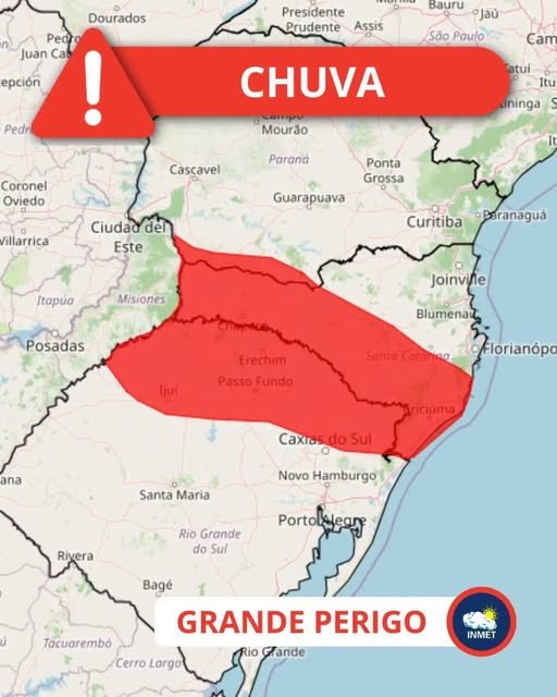 O Instituto Nacional de Meteorologia (Inmet) emitiu um Alerta Vermelho de Grande Perigo para acumulado de chuva.