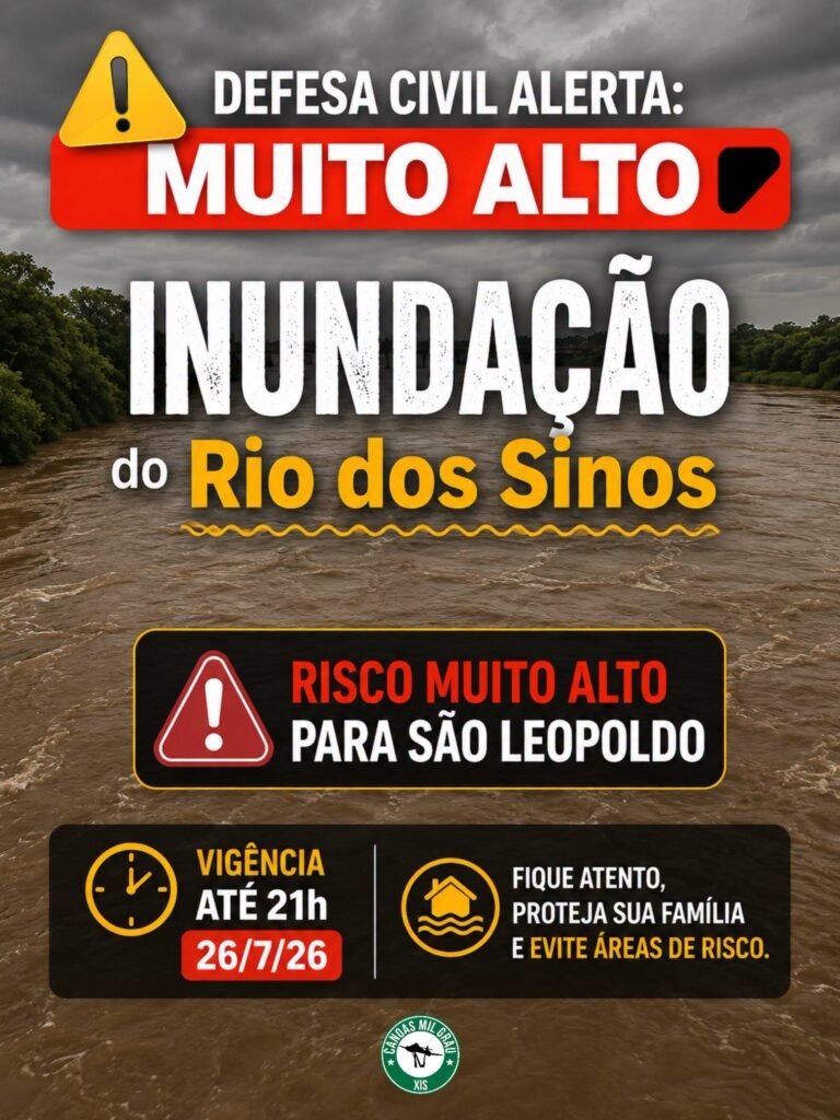 O Rio dos Sinos alcançou 4,52 metros na noite deste sábado (25), em São Leopoldo, ultrapassando a cota de inundação de 4,50 metros.