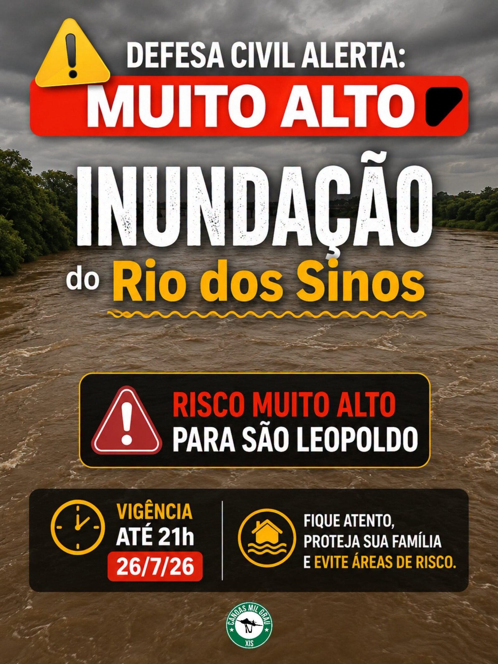 O Rio dos Sinos alcançou 4,52 metros na noite deste sábado (25), em São Leopoldo, ultrapassando a cota de inundação de 4,50 metros.