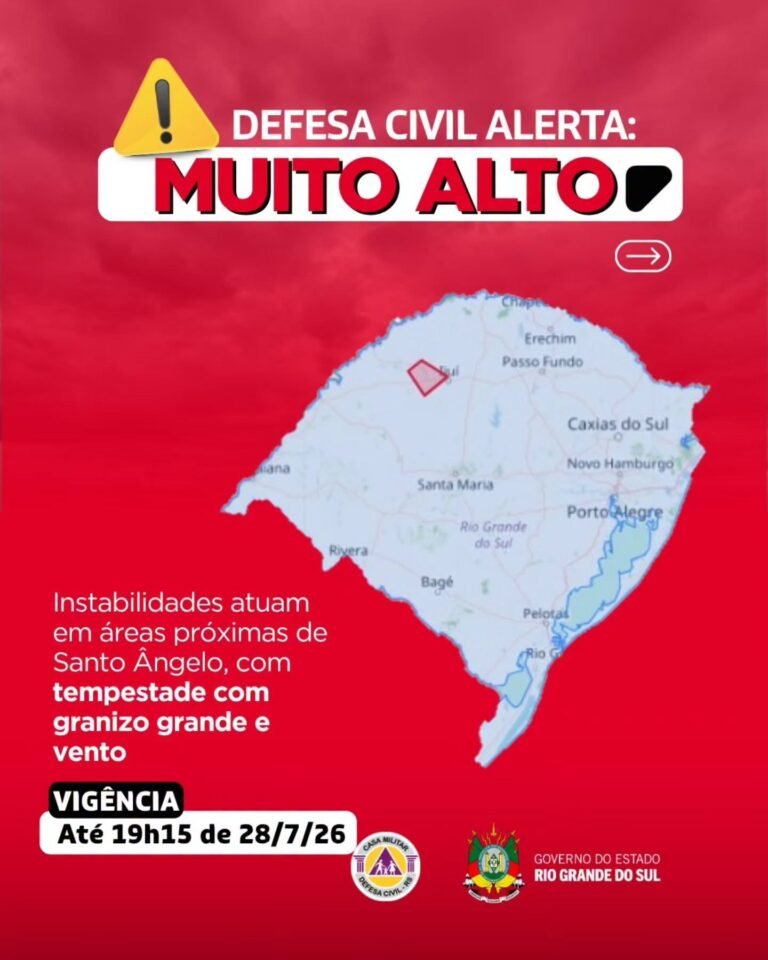 Condição SEVERA para instabilidades que atuam em áreas próximas de Santo Ângelo, com tempestade com granizo grande acima de 5 cm e vento.