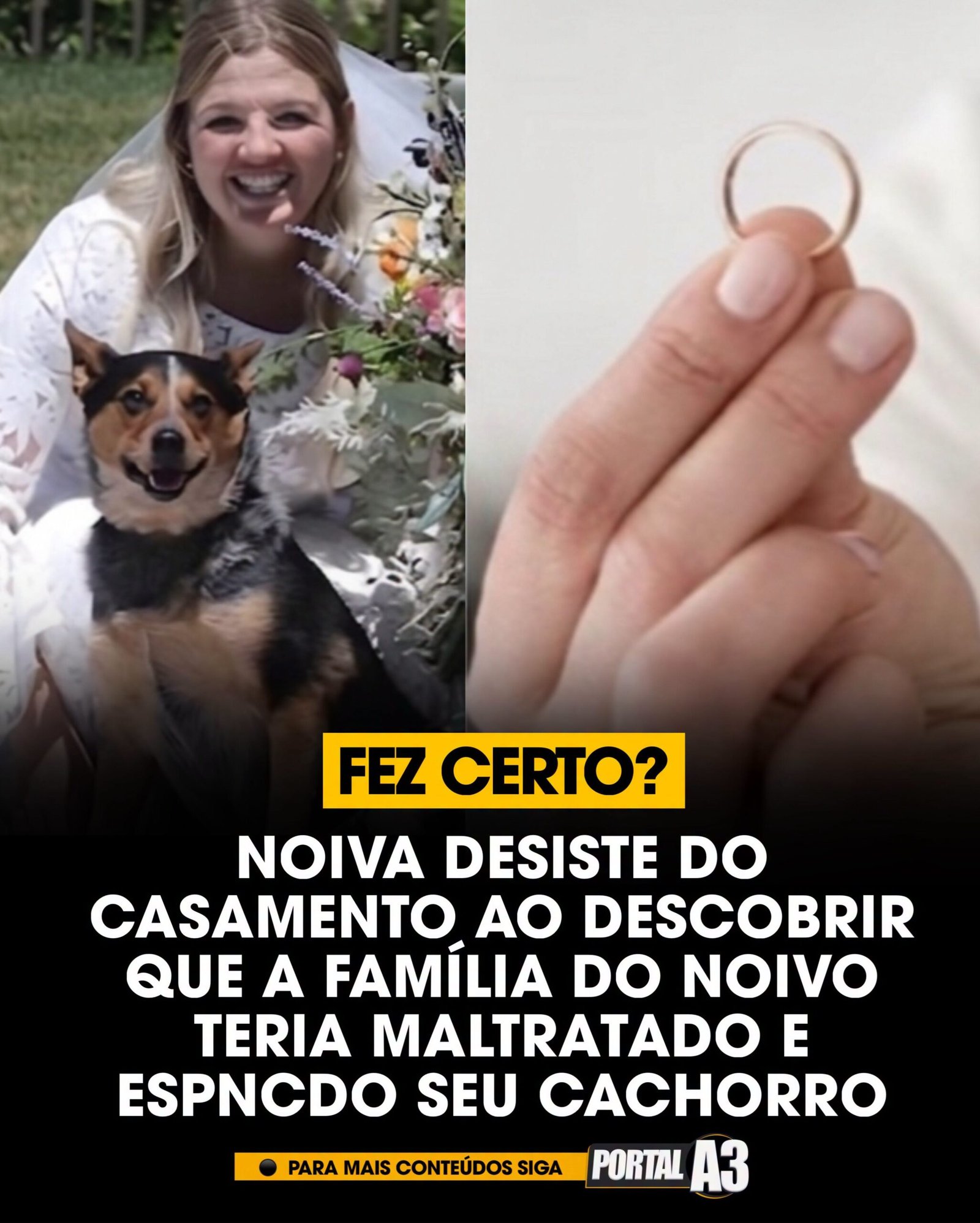 CERTÍSSIMA! Noiva cancela casamento após descobrir que família do noivo maltratou seu cachorro 1 Uma mulher decidiu cancelar o casamento poucos dias antes da cerimônia ao descobrir que seu cachorro de estimação havia sido maltratado pela família do noivo.