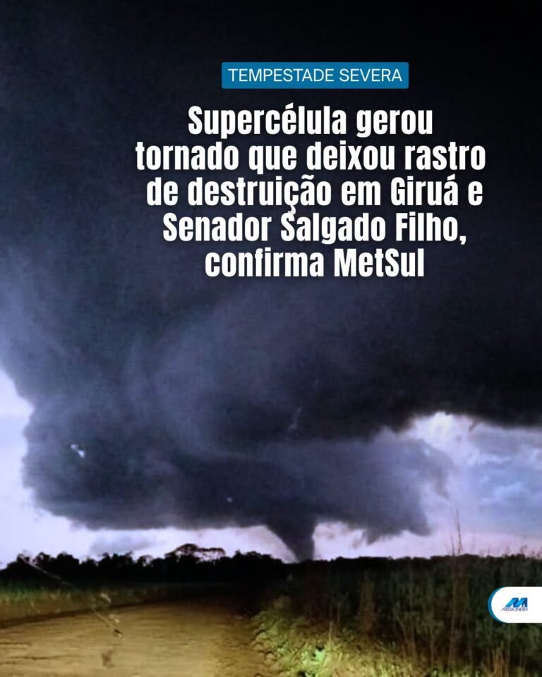 A MetSul Meteorologia confirmou que o fenômeno que atingiu os municípios de Senador Salgado Filho e Giruá, no final da tarde desta terça-feira (28), foi um tornado originado a partir de uma supercélula de tempestade.
