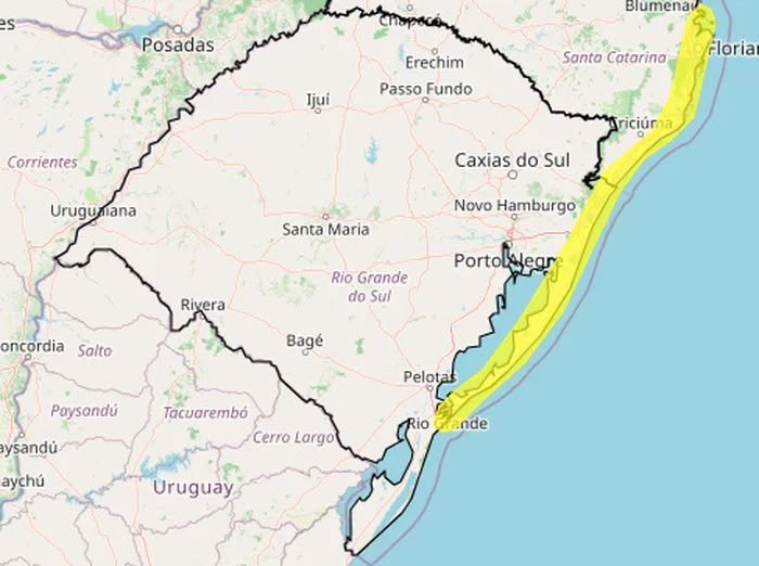 O Instituto Nacional de Meteorologia (Inmet) emitiu um alerta amarelo de perigo potencial para ventos costeiros que atinge todos os 23 municípios do Litoral Norte do Rio Grande do Sul, além de cidades do Litoral Médio e Sul do Estado.
