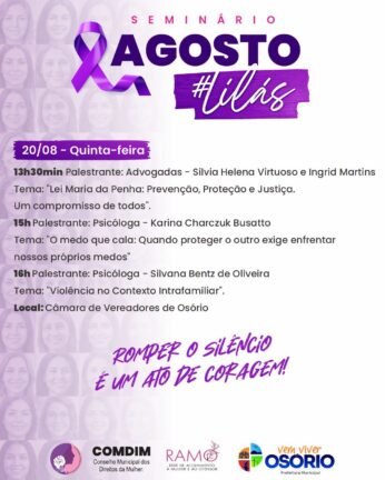 CAMPANHA AGOSTO LILÁS TERÁ PROGRAMAÇÃO ESPECIAL EM OSÓRIO PARA O COMBATE E PREVENÇÃO À VIOLÊNCIA CONTRA A MULHER. 9 763722392 1518980426694222 4260345473300174442 n