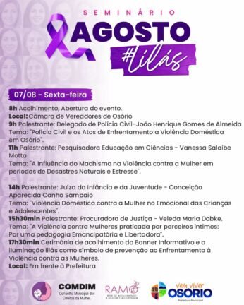 CAMPANHA AGOSTO LILÁS TERÁ PROGRAMAÇÃO ESPECIAL EM OSÓRIO PARA O COMBATE E PREVENÇÃO À VIOLÊNCIA CONTRA A MULHER. 7 763944481 1736131337631337 3966816576628098468 n
