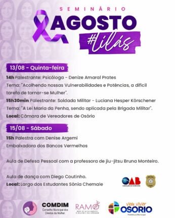 CAMPANHA AGOSTO LILÁS TERÁ PROGRAMAÇÃO ESPECIAL EM OSÓRIO PARA O COMBATE E PREVENÇÃO À VIOLÊNCIA CONTRA A MULHER. 8 764844783 1002126529324354 8821330000562455018 n