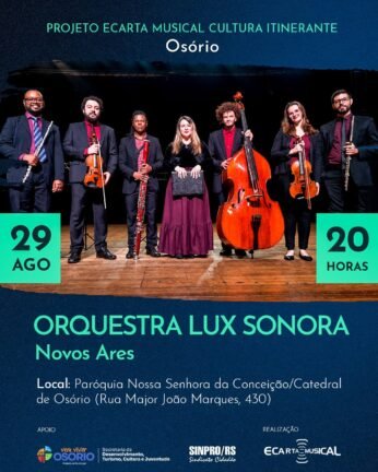 No próximo sábado (29/08), às 20h, a Catedral de Osório recebe uma noite especial de música barroca com a apresentação da Orquestra Lux Sonora, que celebra seus 10 anos de trajetória com o concerto “Novos Ares”.