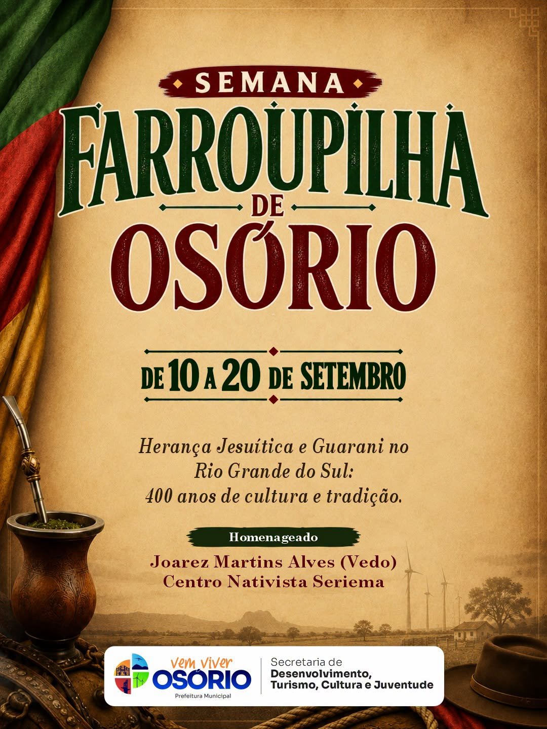 O tema oficial no estado será “Herança Jesuítica e Guarani no Rio Grande do Sul: 400 anos de Cultura e Tradição”.