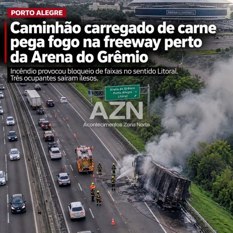 Um caminhão que transportava uma carga de carne foi atingido por um incêndio na manhã deste sábado (5), na Freeway.