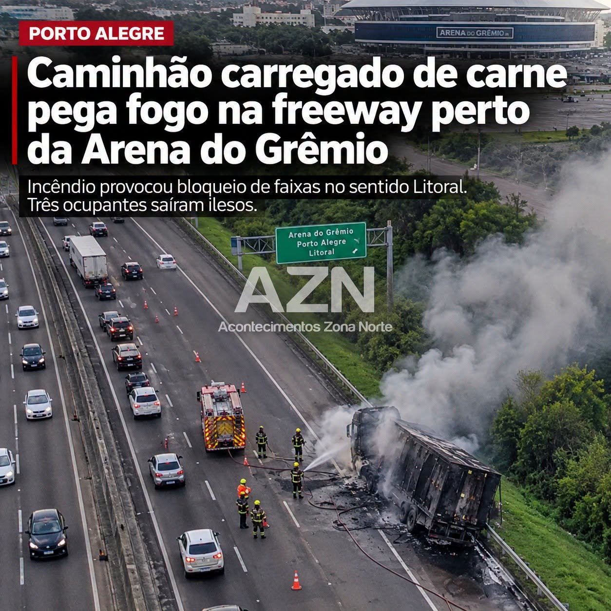 Caminhão carregado de carne pega fogo na freeway próximo à Arena do Grêmio